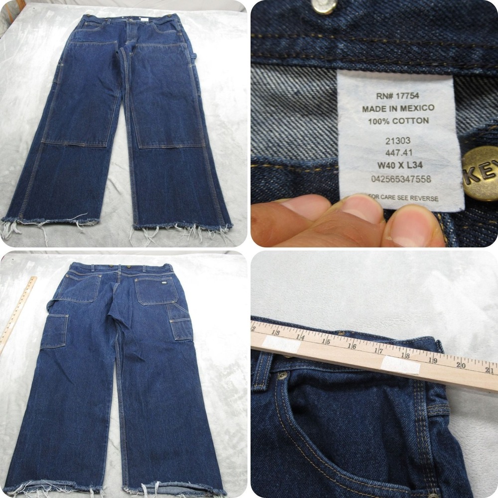 KEY‎ Carpenter Jeans Mens 38x28 Dark Wash Denim Raw Hem Loose Heavy Double Knee